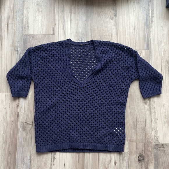 Navy Knit Crochet Sweater Top Short Sleeve/ 3/4 Sleeve - Picture 1 of 7